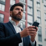 Caucasian bearded man entrepreneur businessman hold cellphone texting messages stand in city with modern office buildings use mobile business application browsing news on phone search electronic data. High quality 4k footage